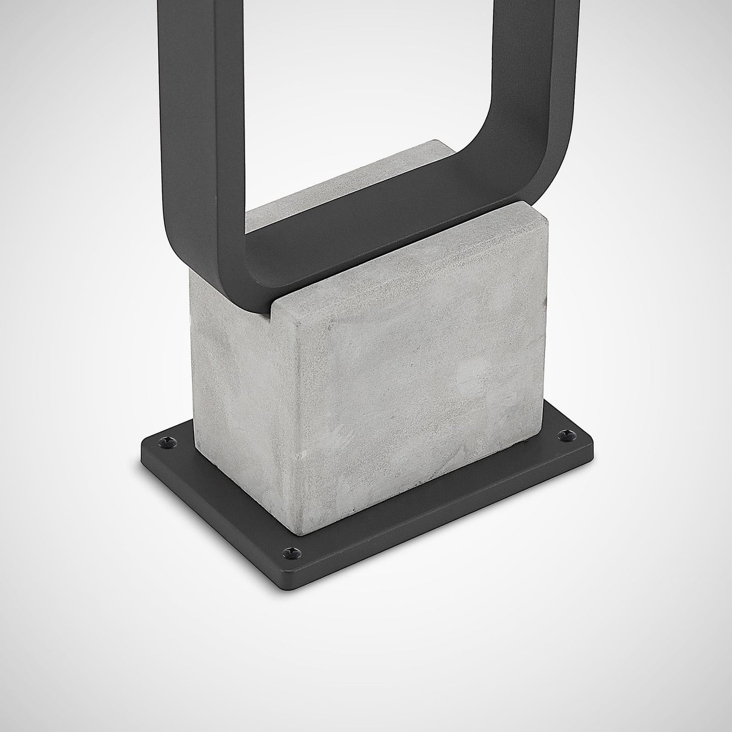 Close detail of the Talo cast concrete base block and flat steel mounting plate