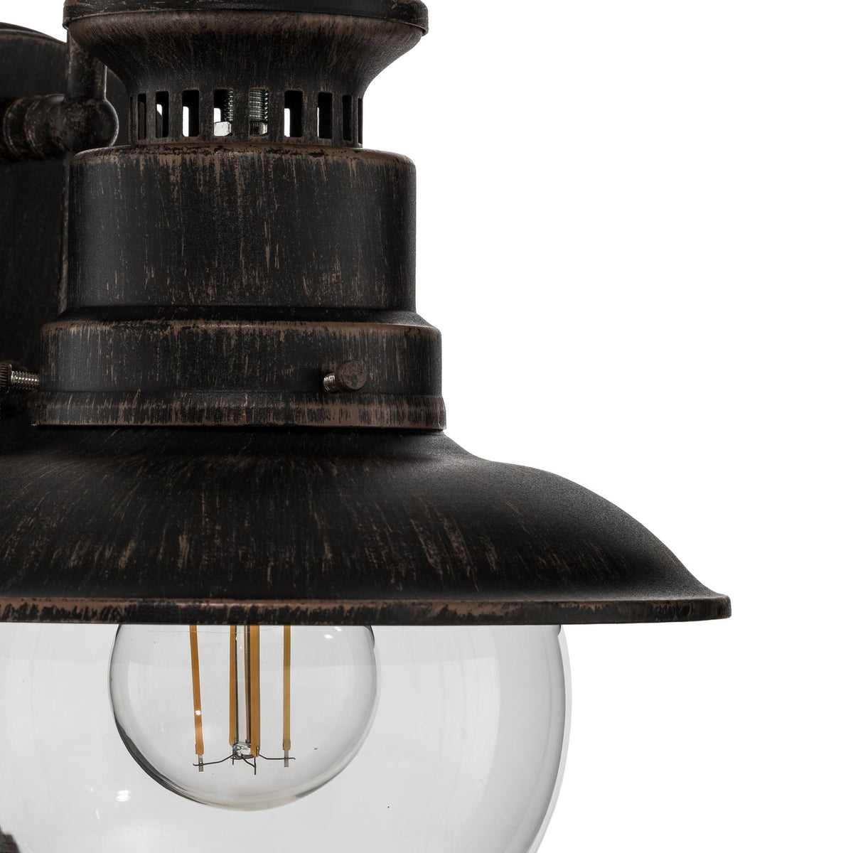 Close view of the flared rust brown shade on the Erdo Rust Lantern Outdoor Wall Light