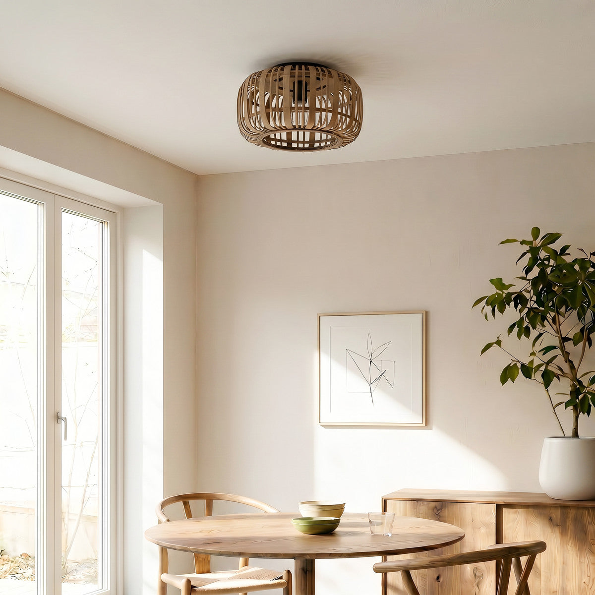Cana rattan ceiling light unlit in a bright neutral dining room