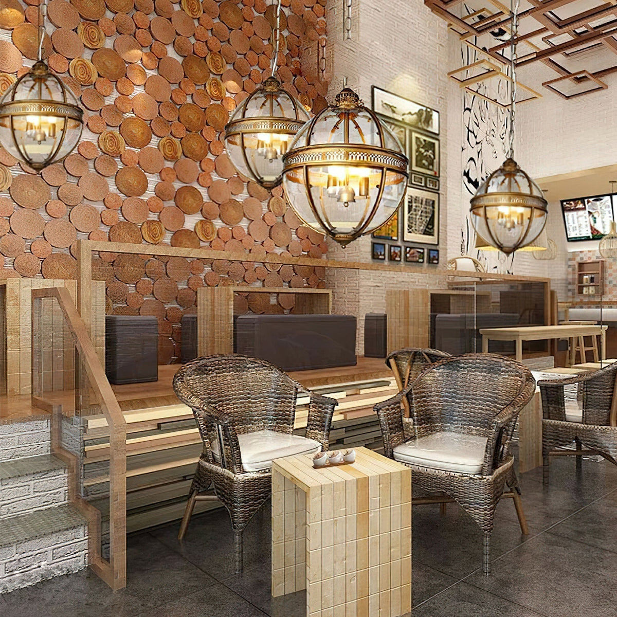 Edvo Retro Globe Pendant Lights hung in a row above a long timber table