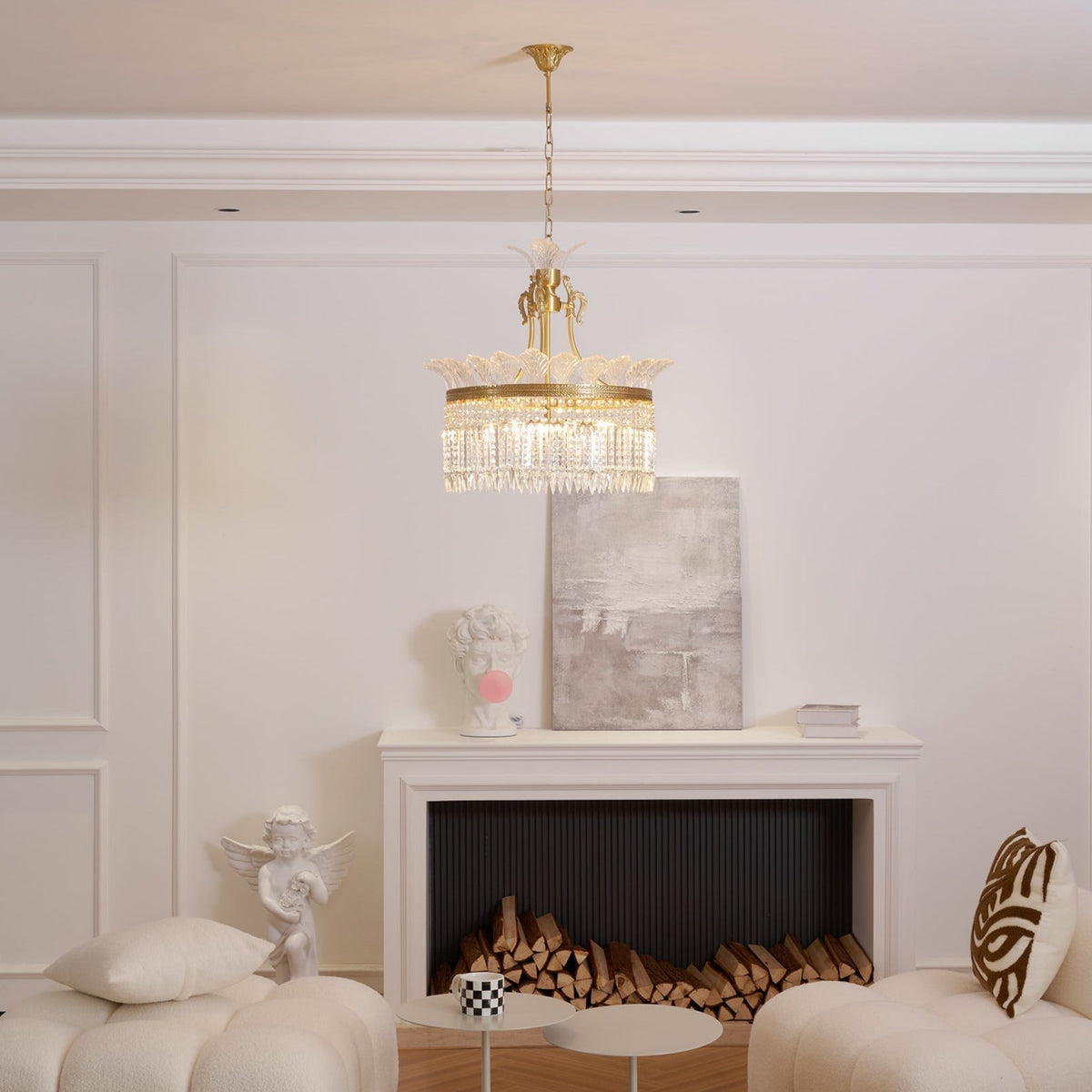 Galvain French Empire Crystal Chandelier in living room with fireplace