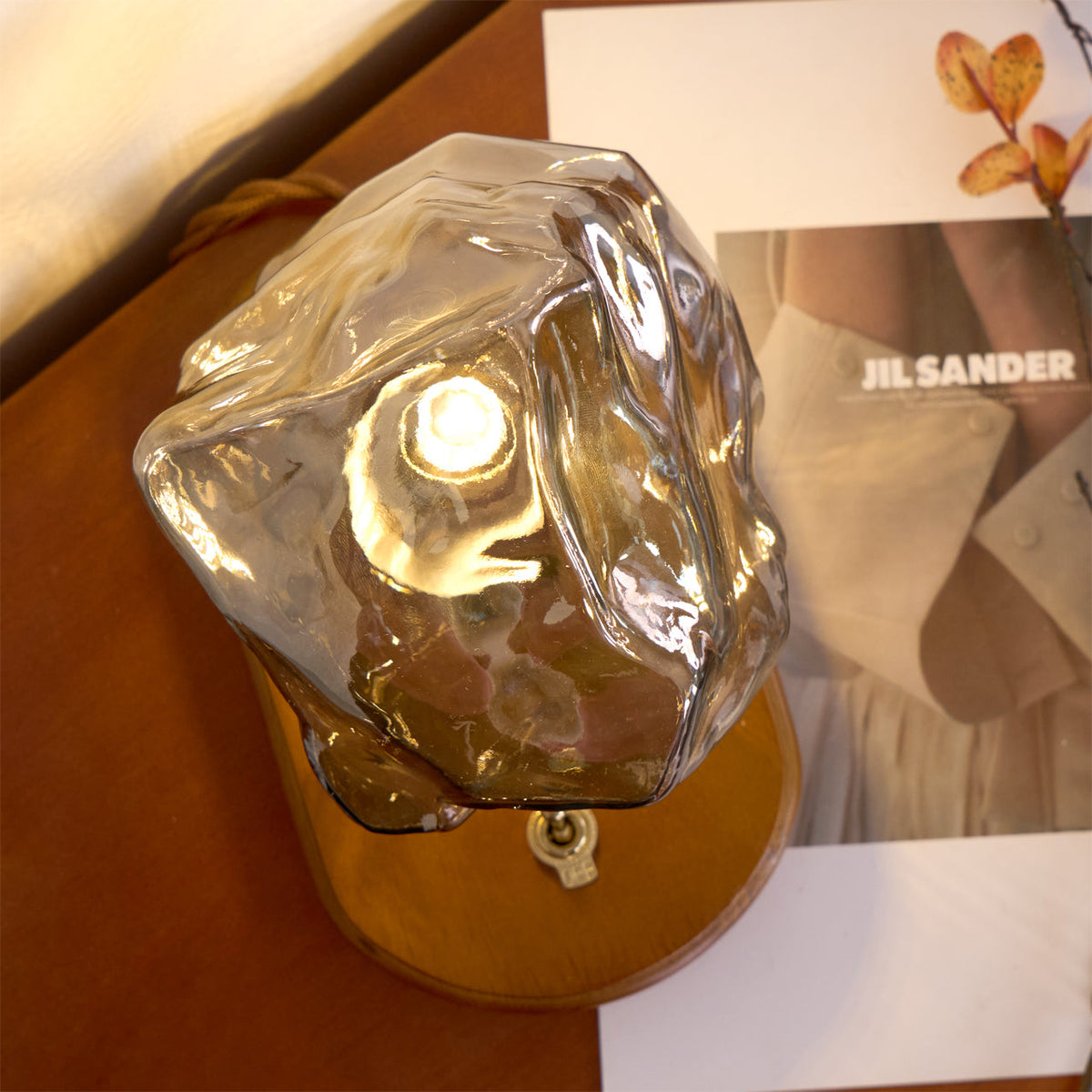 Amber Glass and Wood Table Lamp 20cm