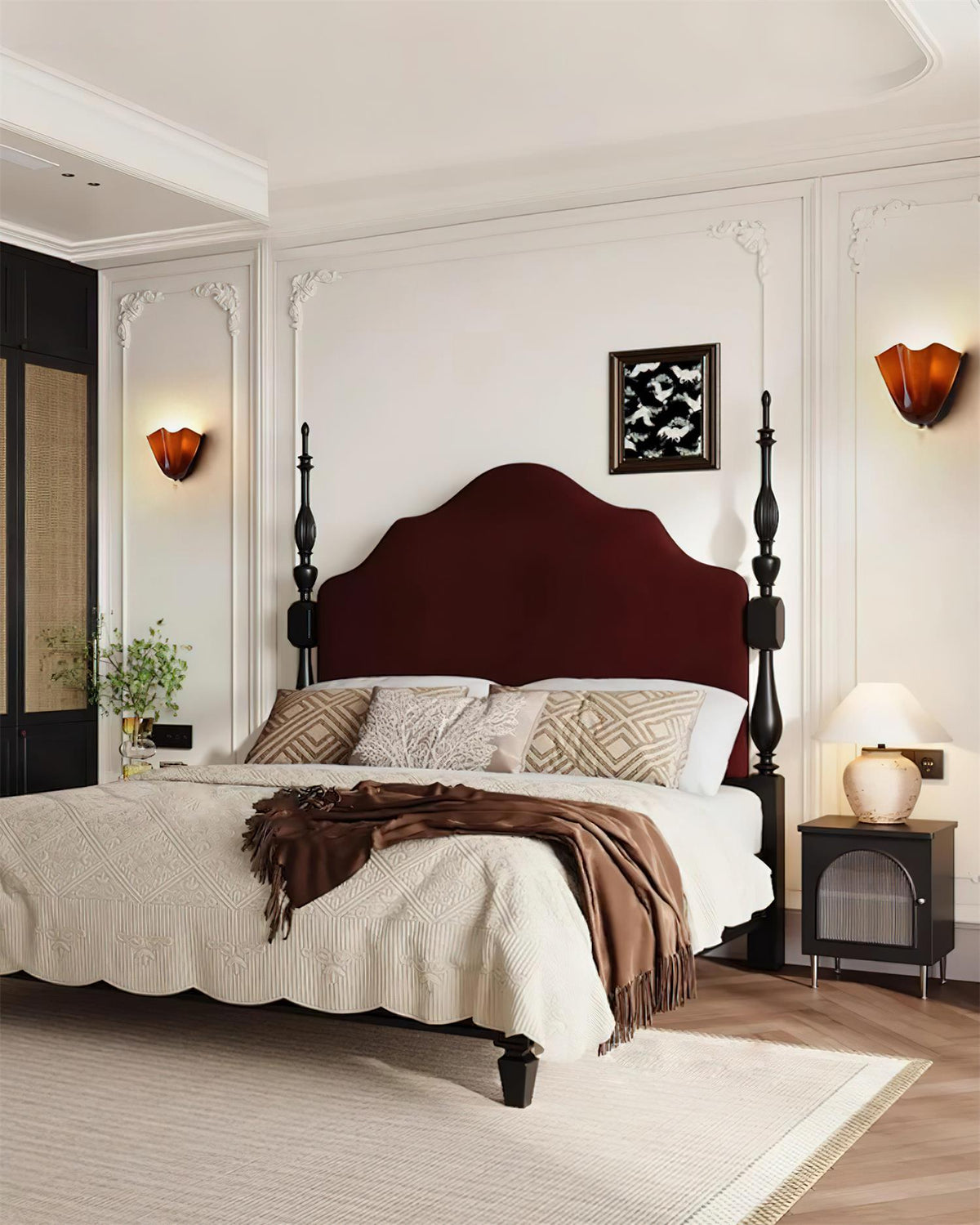 A pair of Sefta amber wall lights fitted either side of a bed in a panelled bedroom