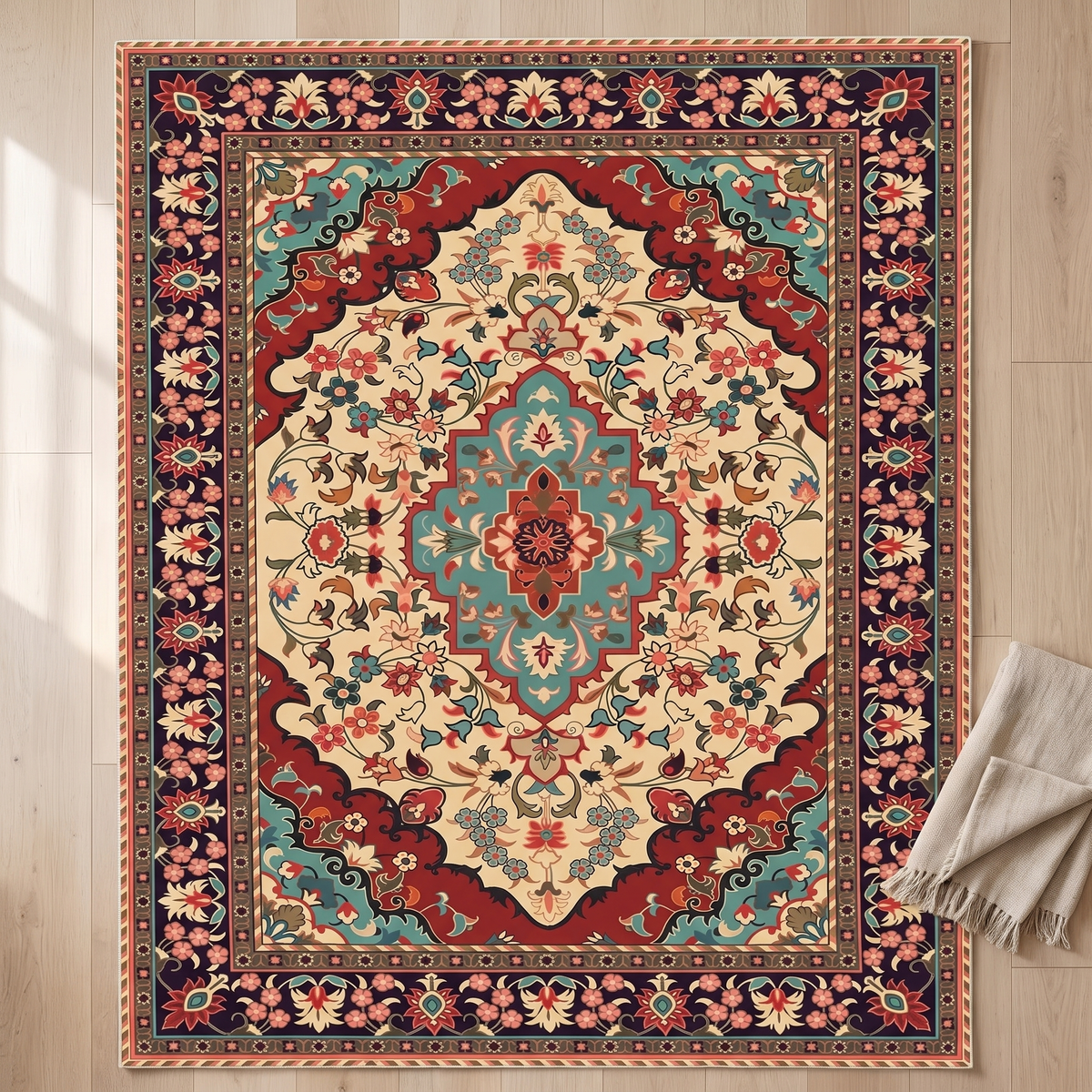 Overhead view of the complete Sora Bohemian Velvet Rug pattern on pale oak floorboards