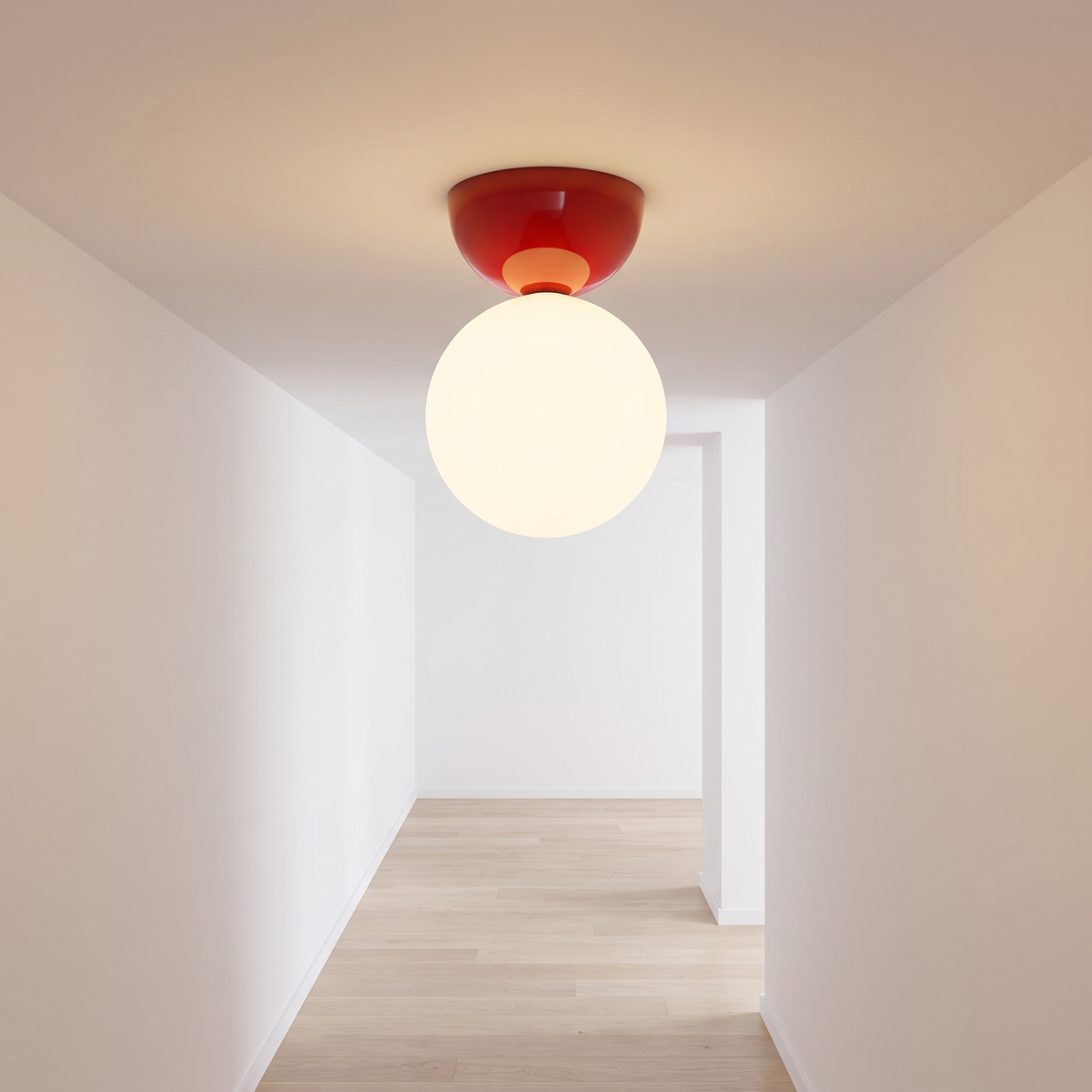 Red Vellona Petite ceiling light lighting a white hallway with a pale oak floor