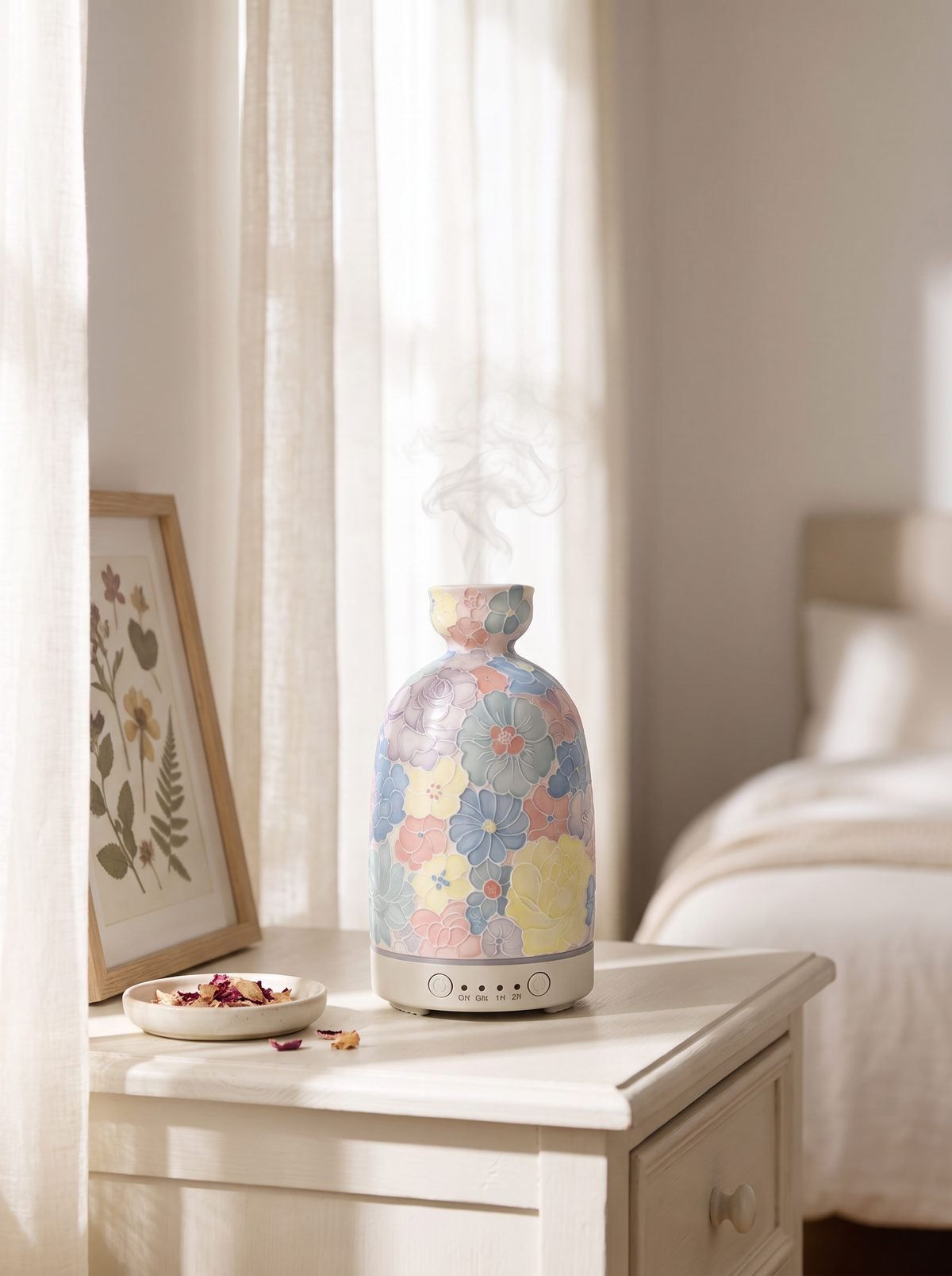Aura Ceramic Stone Diffuser in Pastel Floral on a white bedroom dresser