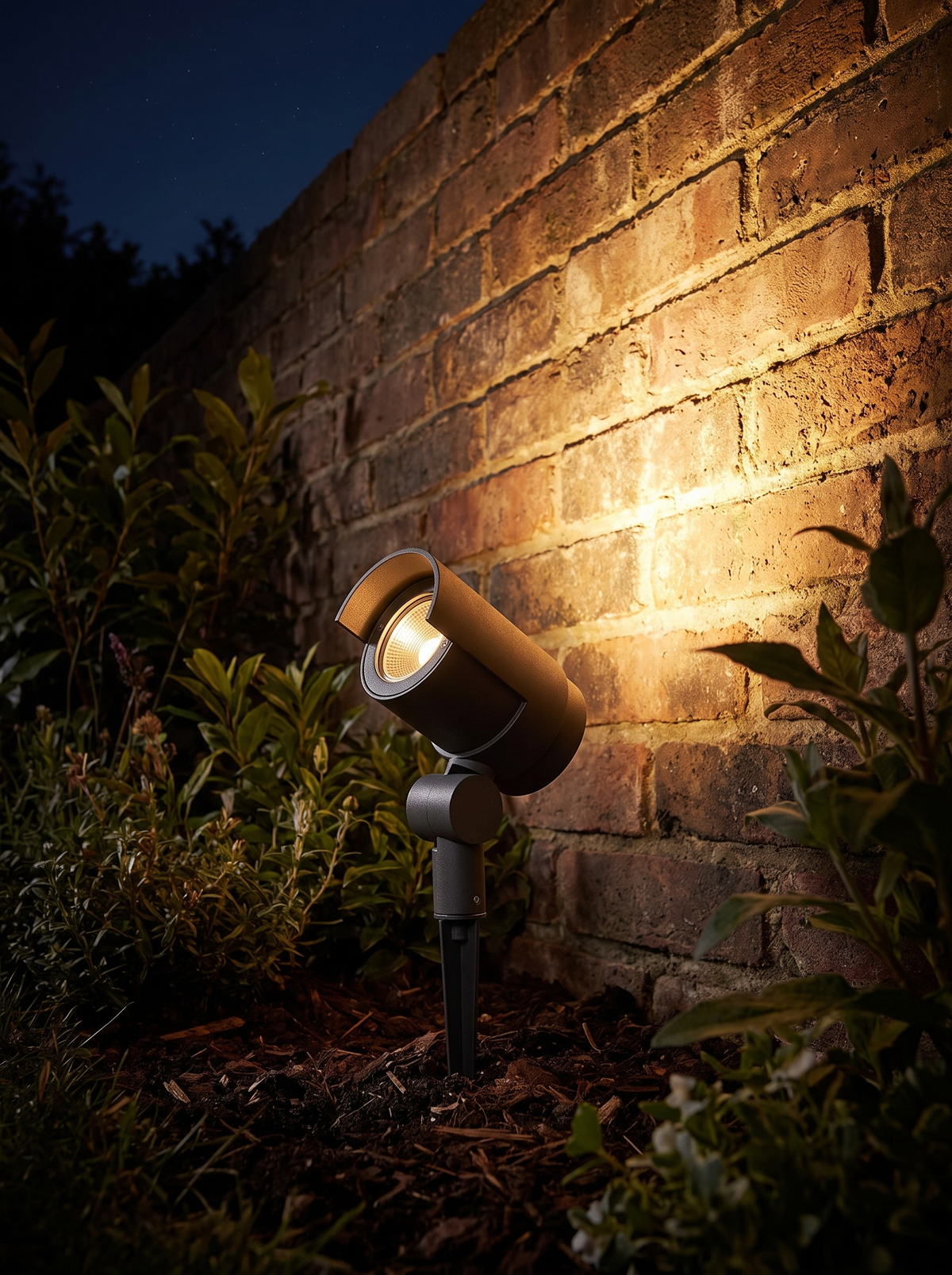 Batra Garden Spike Light - warm 2700K beam uplighting textured brick garden wall at night