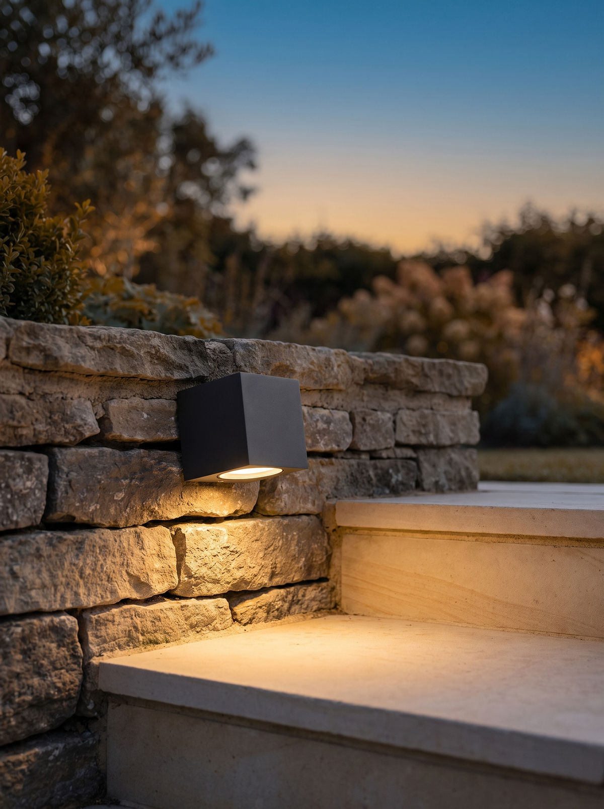 Dovra Square Outdoor Wall Light - lifestyle shot on natural stone boundary wall beside garden steps at dusk, warm amber downlight glow