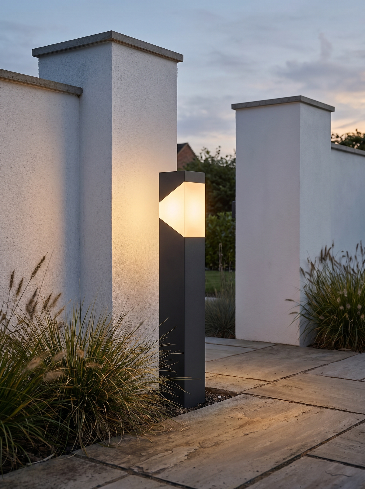 Kiro Pillar Post Light - scale lifestyle shot glowing warm amber beside white render gate pillars and ornamental grasses at dusk