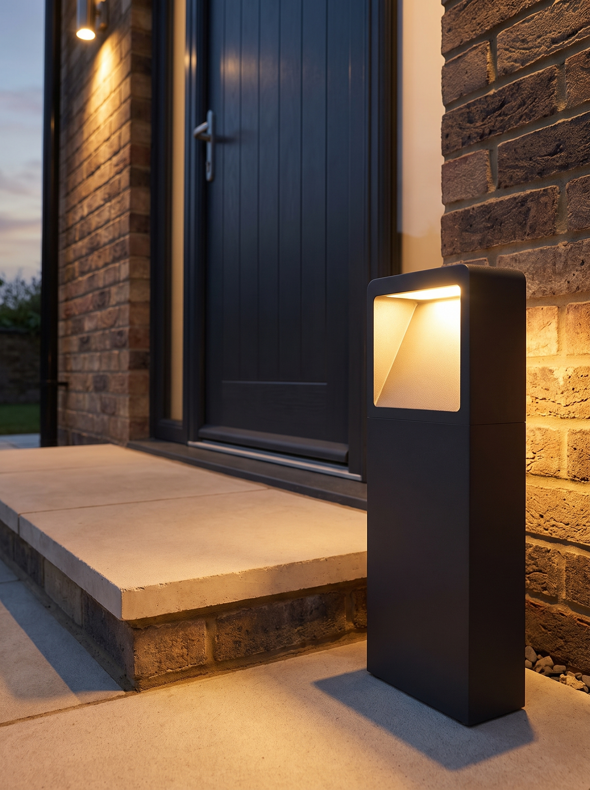 Leyo Pedestal Path Light - scale shot beside front doorstep at dusk showing 35cm height