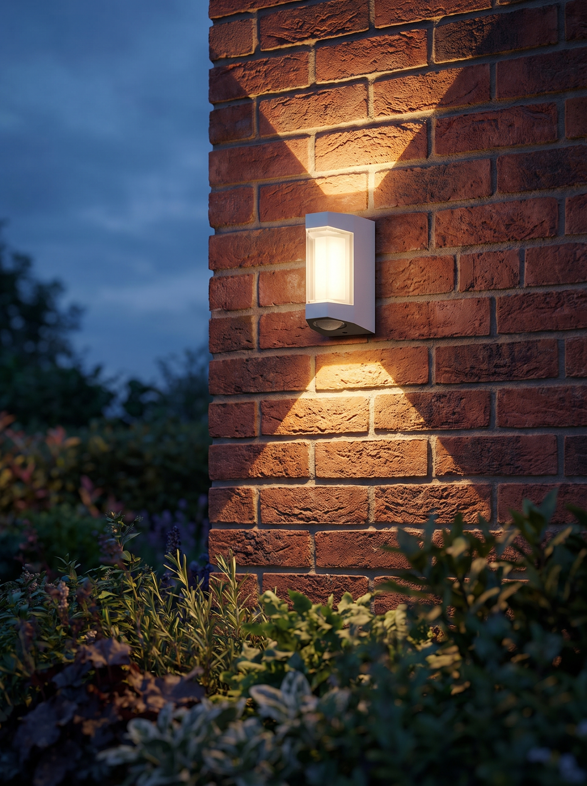 Marvo Up-Down Outdoor Wall Light - atmospheric dusk lifestyle on brick facade with garden, symmetrical warm amber beams