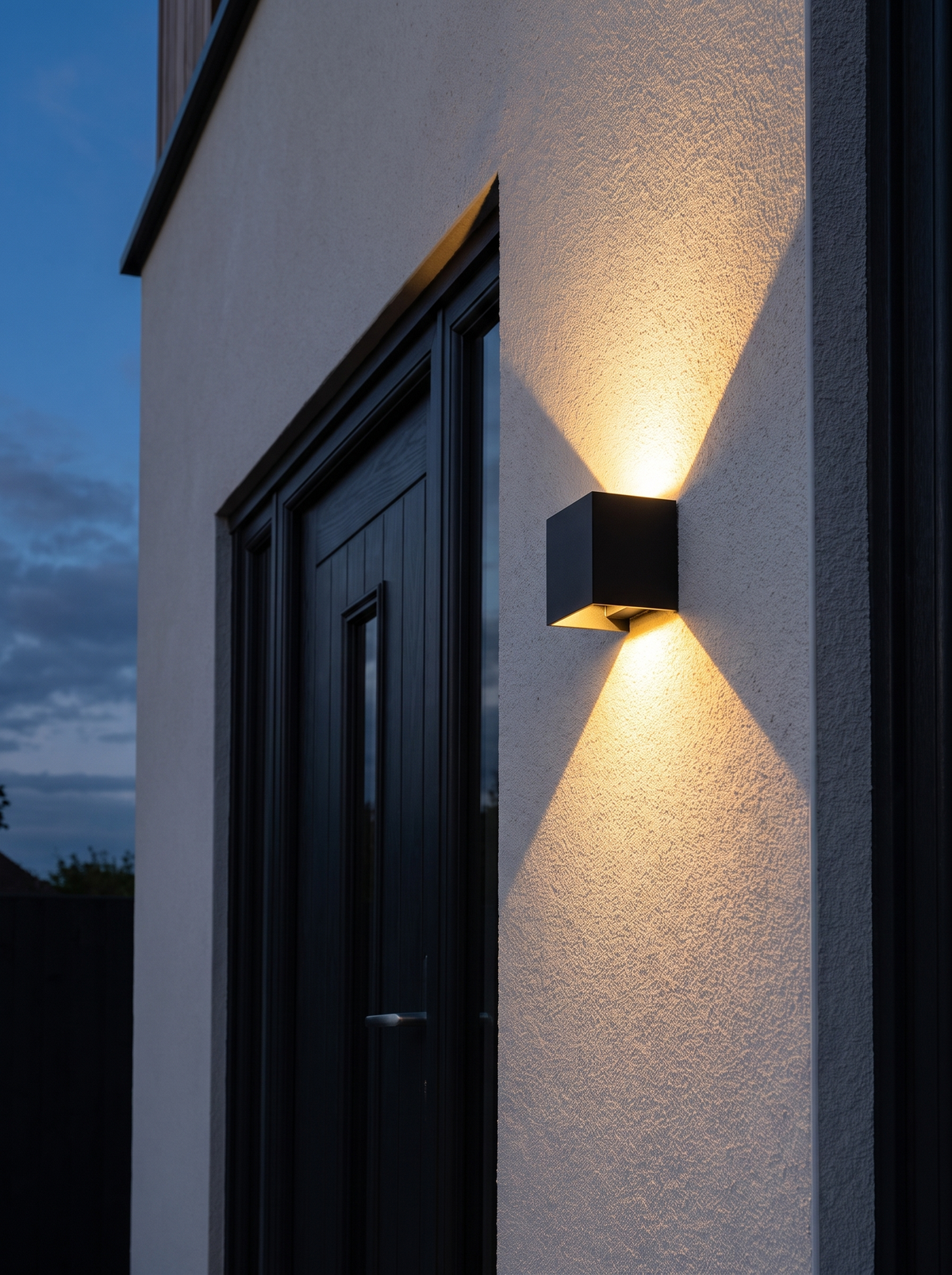 Nexo Adjustable Square Outdoor Wall Light - lifestyle exterior render wall at dusk with warm bidirectional amber beams beside dark front door