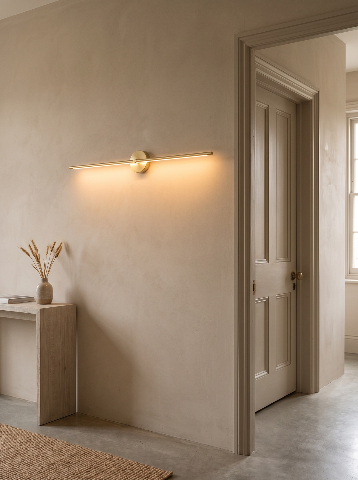 Rodo Double-End Linear Wall Light - scale reference beside interior door frame in oat-plaster hallway