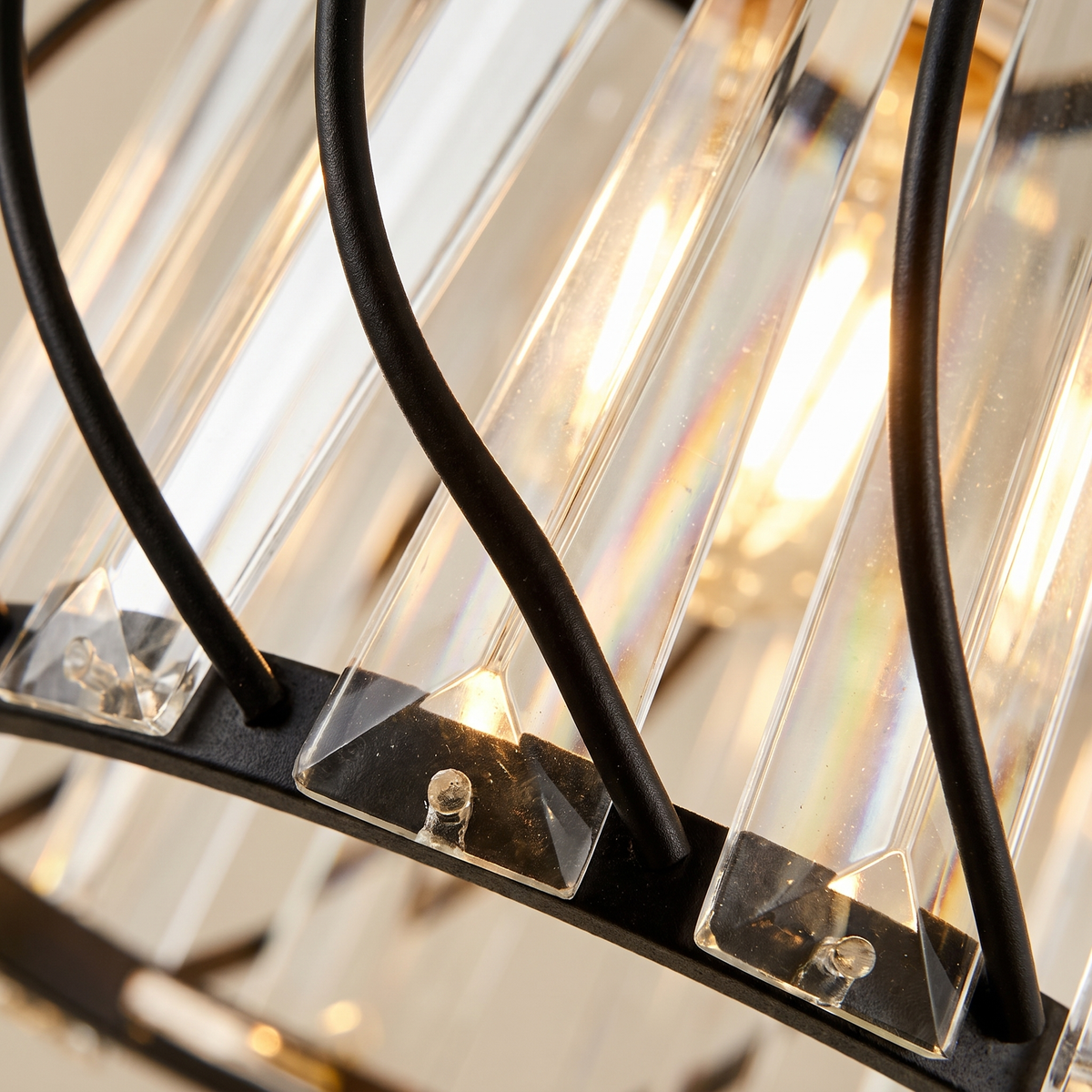 Relia Compact Ceiling Light - macro crystal prism bar and cage wire detail