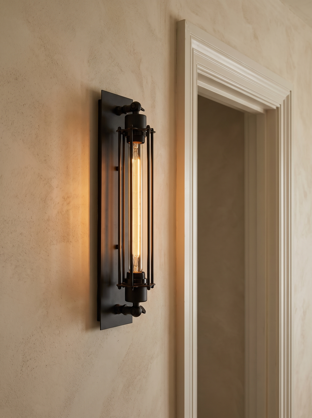 Trono Cylinder Wall Light - mounted on warm limewash plaster wall beside white door frame, warm amber glow, scale context