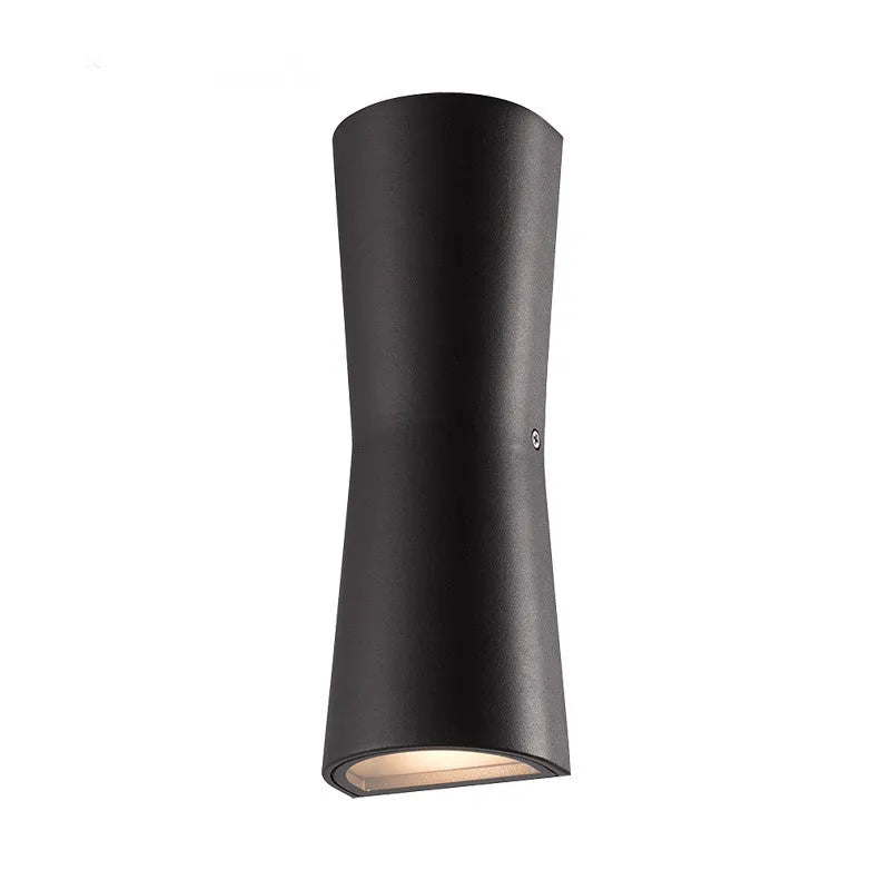 Kestro Torch outdoor wall light in black on a plain white background, tapered tube with angled openings top and bottom