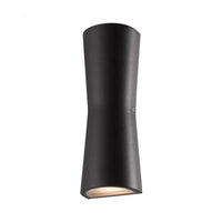Kestro Torch outdoor wall light in black on a plain white background, tapered tube with angled openings top and bottom