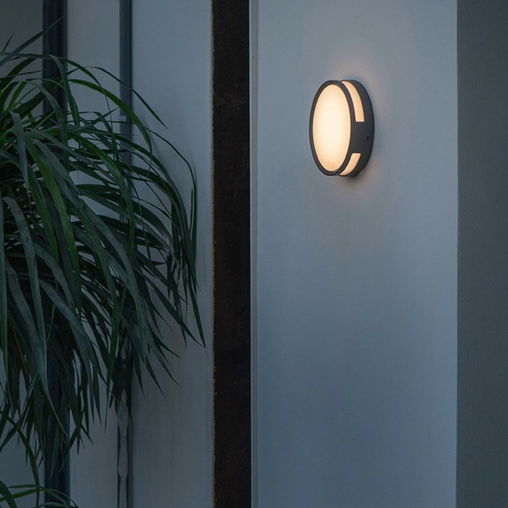 Vardo round outdoor wall light on a pale exterior wall beside trailing greenery