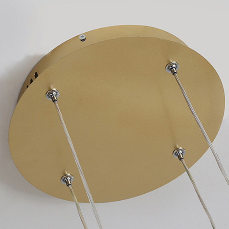 Close view of the round gold ceiling plate and steel suspension wires of the Remo pendant light