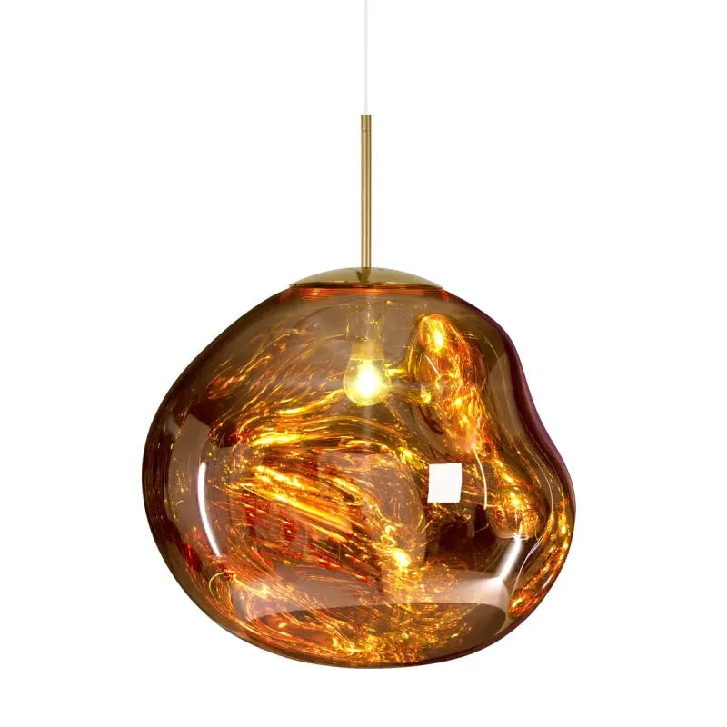 Milto gold pendant light with a molten shaped mirrored acrylic shade lit from within, on a plain white background