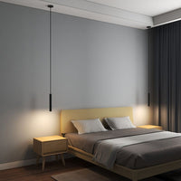 Filon Slim Linear Pendant Light hung either side of a bed in a grey bedroom
