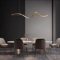 Kavro pendant light suspended over a round dining table against a slatted timber wall