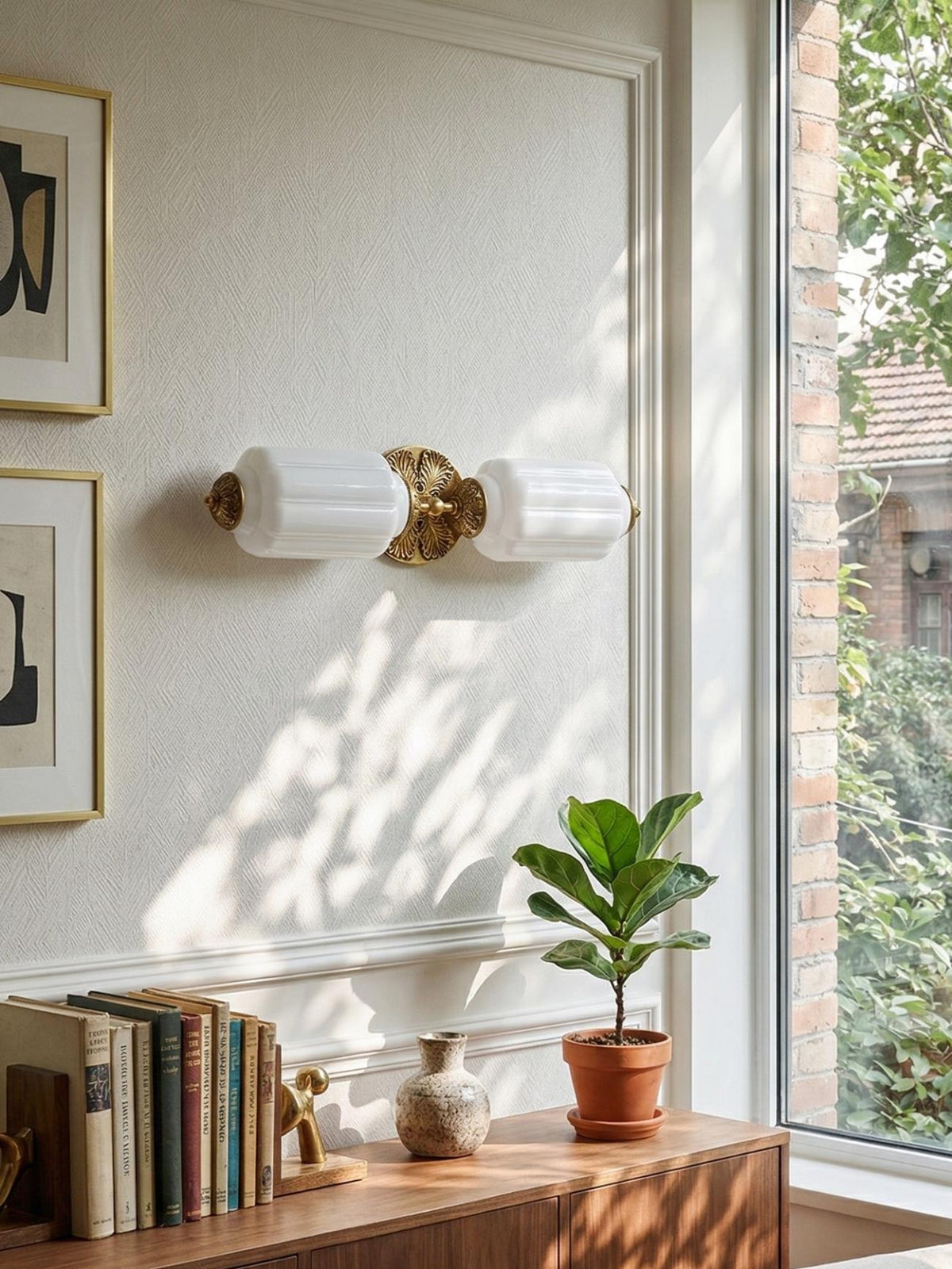 Lanto Horizontal Milk Glass Wall Light mounted on a panelled wall above a walnut sideboard