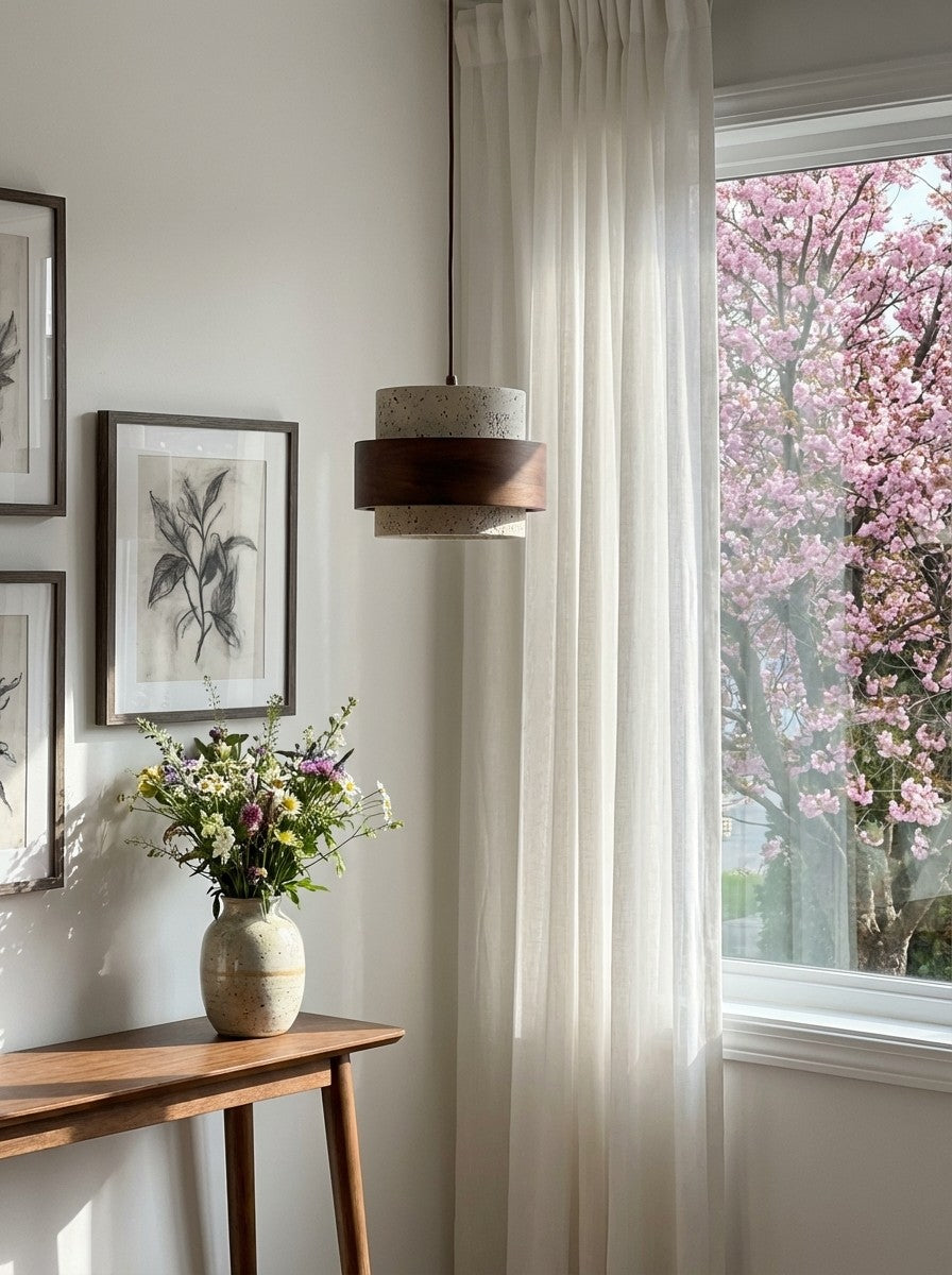 Trava travertine pendant light unlit beside a window, showing the natural stone texture