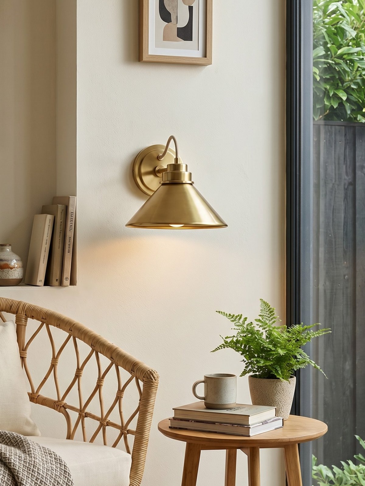 Arvo Bronze Cone Wall Light lit above a reading corner with rattan chair and side table