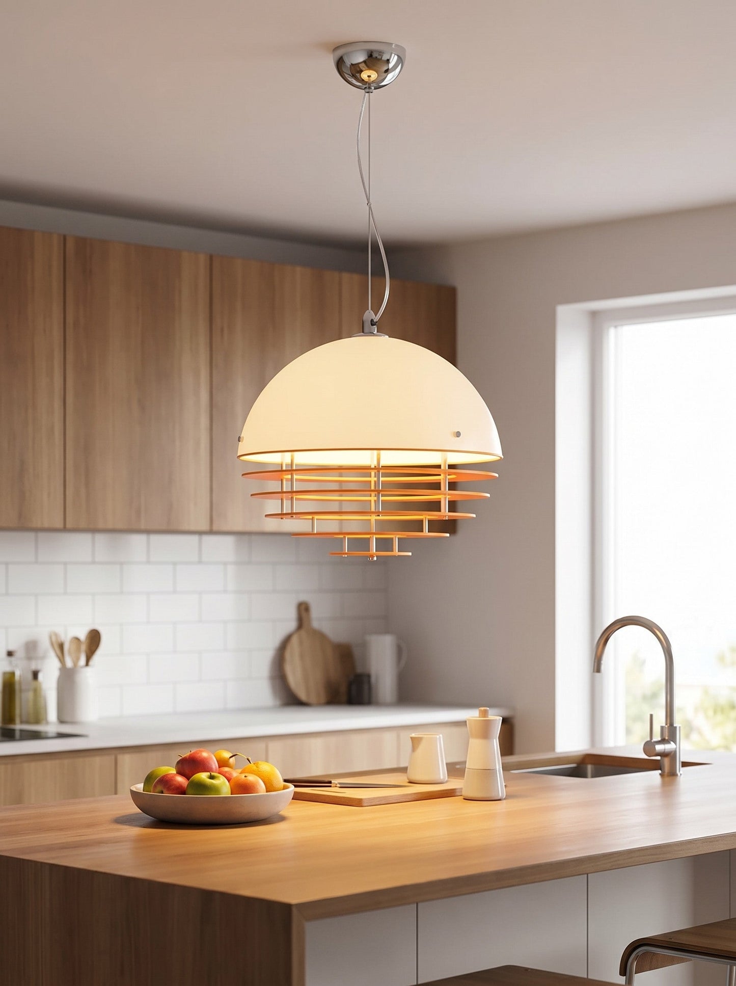 Suno sunset pendant light above a wooden kitchen island with white tiling