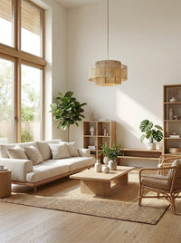 Woven rattan drum pendant light hanging in a bright living room with tall windows