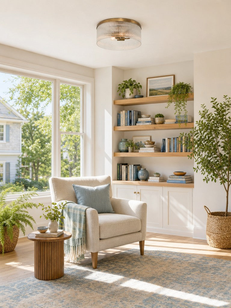 Ribbed glass ceiling light fitted flush in a bright reading room with built-in shelves