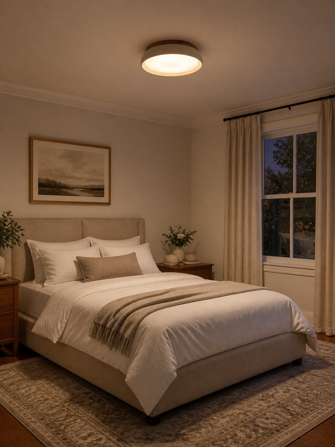Trava travertine ceiling light casting warm light in a bedroom