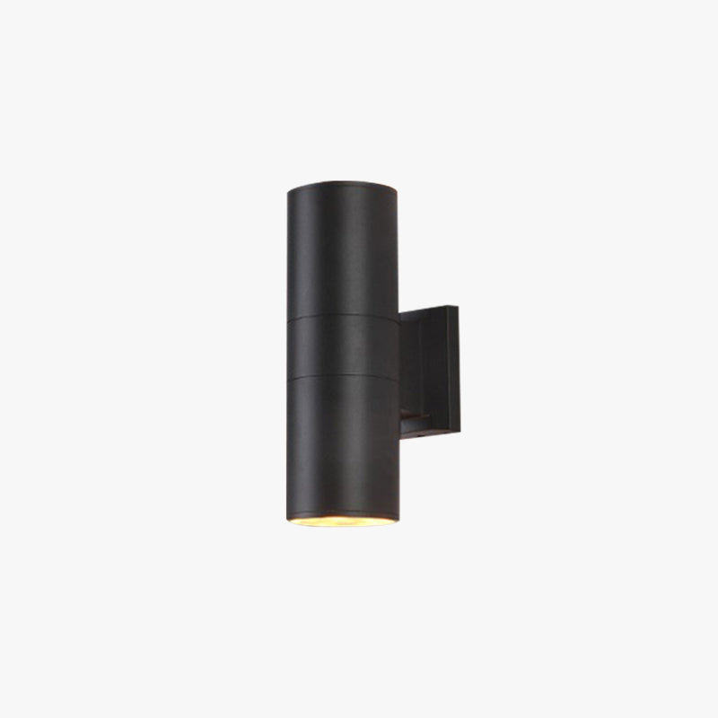 Belvo twin-head outdoor wall light in black on a plain background, cylinder body with flat wall plate