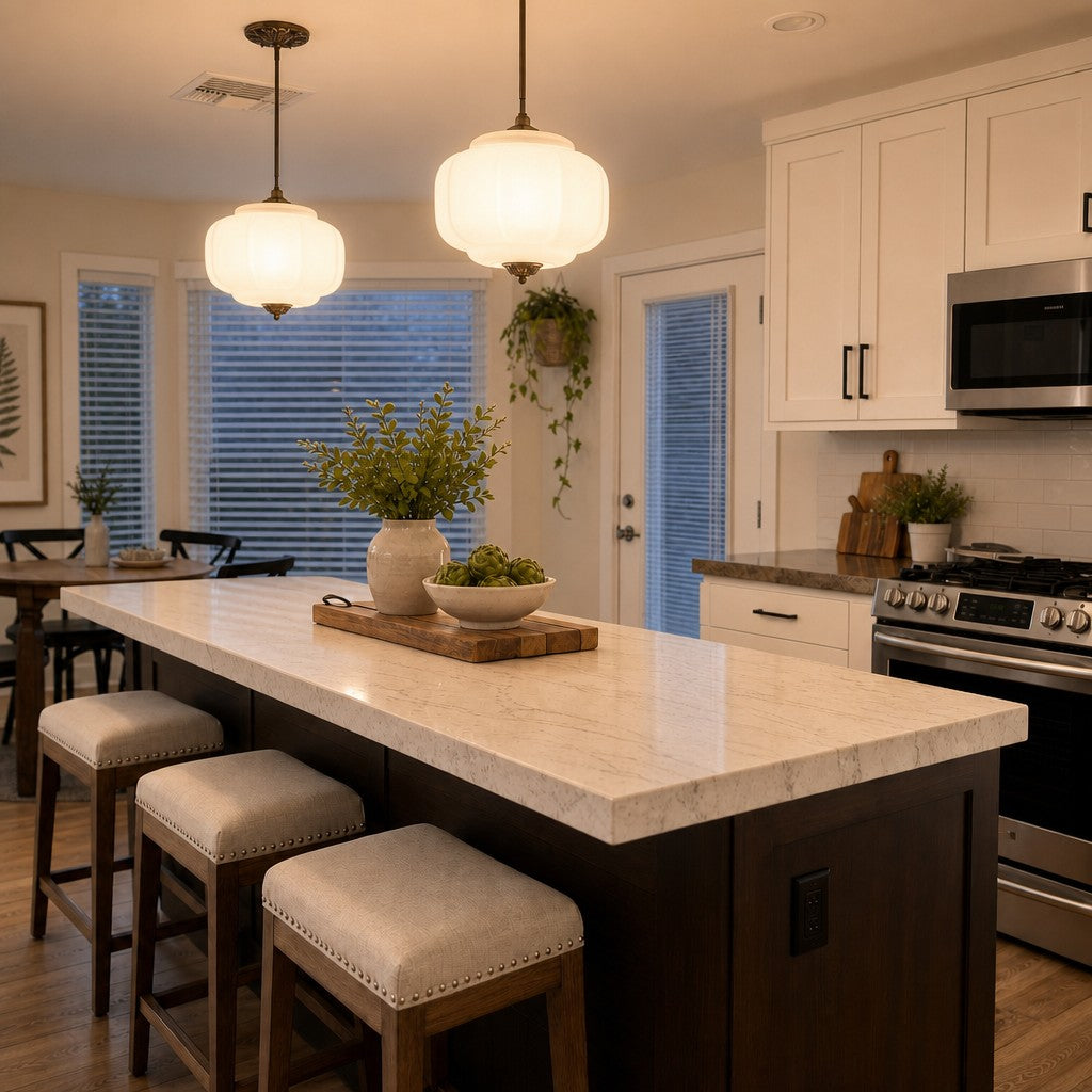 Pair of Elva milk glass ceiling lights above a kitchen island