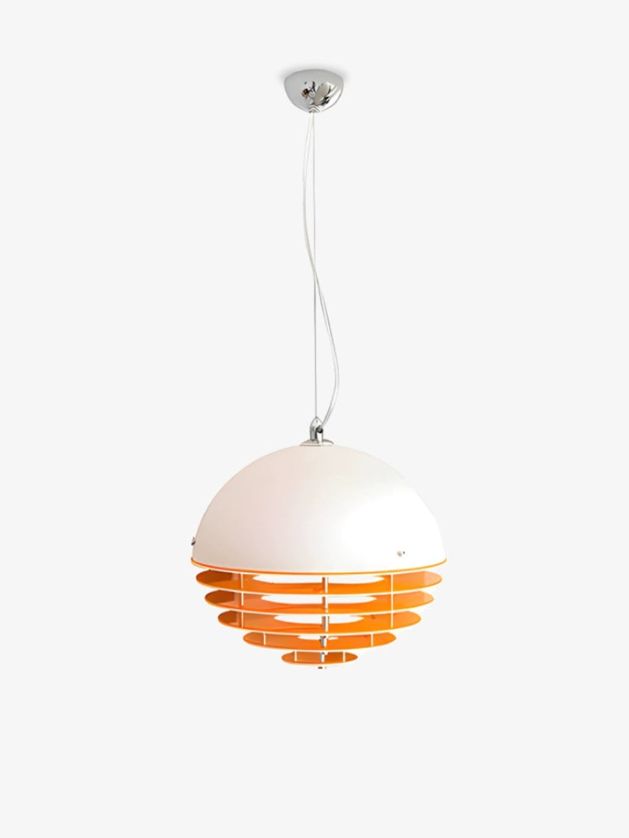 Suno sunset glass pendant light with white dome and orange louvres on a plain background