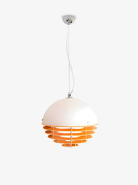 Suno sunset glass pendant light with white dome and orange louvres on a plain background