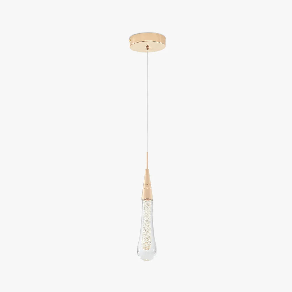 Golvara Teardrop Pendant Light on a plain white background, gold canopy and cone above a clear crystal teardrop