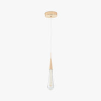 Golvara Teardrop Pendant Light on a plain white background, gold canopy and cone above a clear crystal teardrop