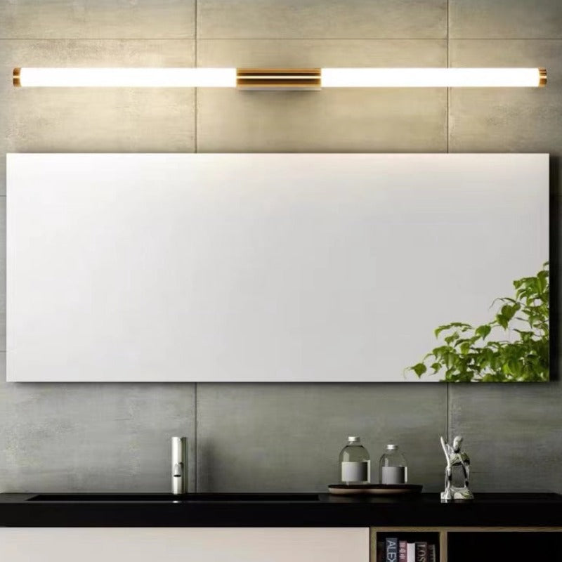 Morva linear wall light fitted horizontally above a bathroom mirror
