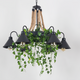 Corven six-arm ceiling light on a plain background, black metal ring on rope cords with six cone shades and trailing artificial ivy