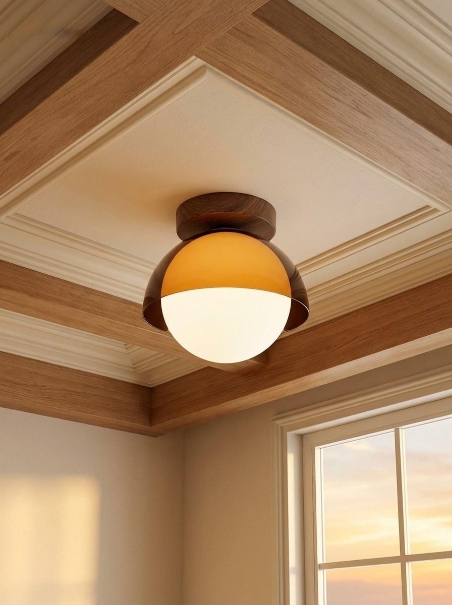 Suno amber ceiling light mounted on a coffered wood ceiling by a window at sunset