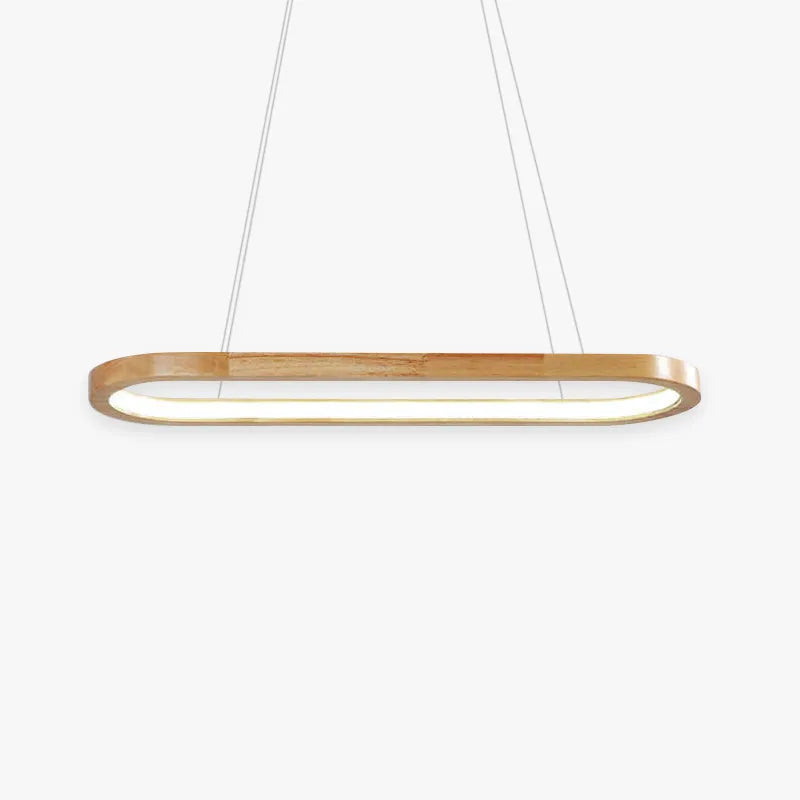 Veona oval wood pendant light on a plain background, showing the closed wooden loop and inner LED strip