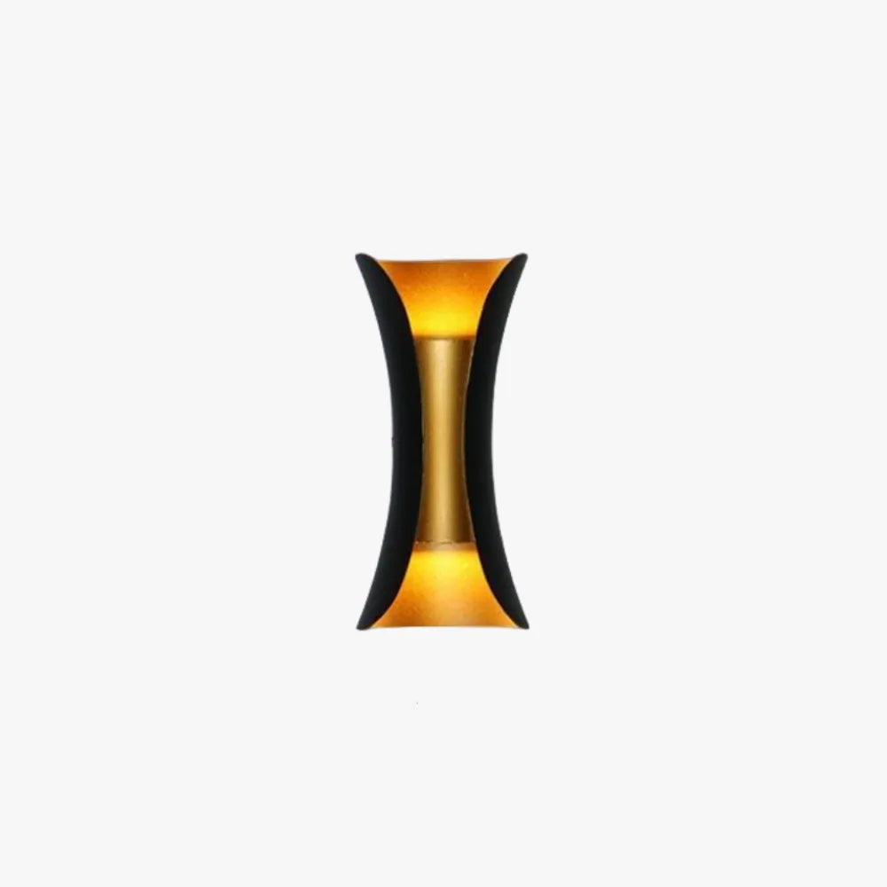 Corva curved outdoor wall light in black with a gold inner channel, shown on a plain white background