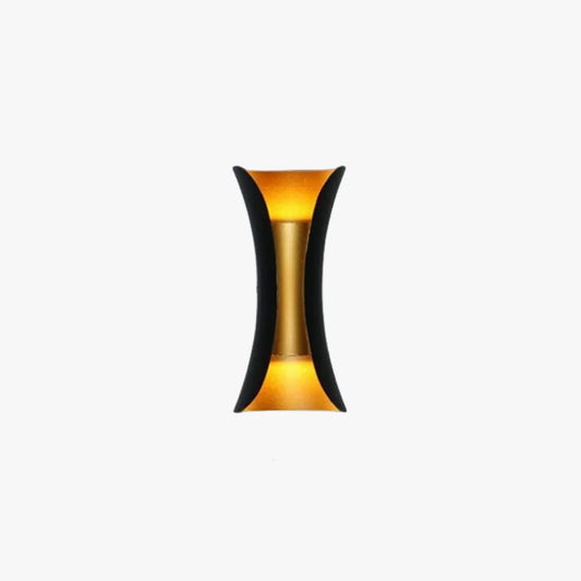 Corva curved outdoor wall light in black with a gold inner channel, shown on a plain white background
