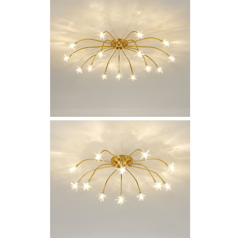Nevaro gold starburst ceiling light mounted on a white ceiling in a room with a green wall and sheer curtains