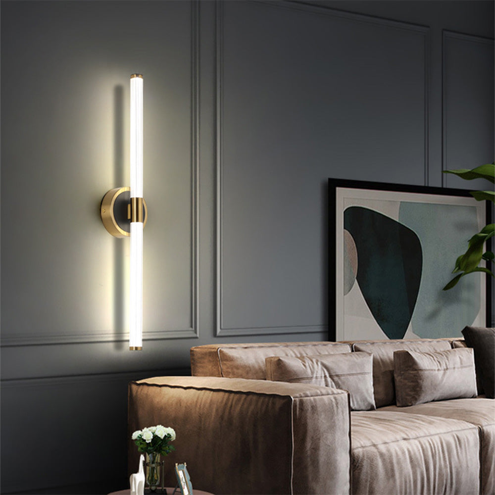 Miralo wall light mounted vertically on a panelled wall in a living room