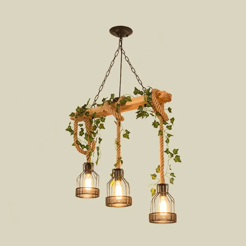 Lockhone Verdow wood beam pendant light with three cage lanterns on a plain background