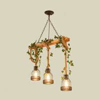 Lockhone Verdow wood beam pendant light with three cage lanterns on a plain background