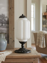 Elva glass table lamp on a reclaimed wood table in a country style living room